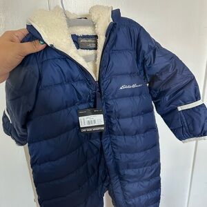 Eddie Bauer Navy Insulated baby puffer suit zip up onesie winter wear 6-12 month